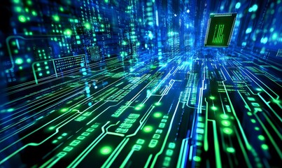 Poster - A futuristic abstract representation of digital circuitry with vibrant green and blue neon colors conveying technology and data movement.