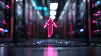 Poster - glowing pink arrow symbolizing secure file transfer in modern data center, surrounded by rows of servers, creates futuristic and dynamic atmosphere