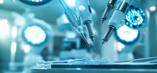 Aufkleber - Robotic surgery equipment in a sterile operating room with surgical lights.