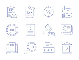 Tax icons. Thin Line style, editable stroke. tax, search, paid, focus, interest rate, chat, bank, no tax, court