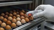 © Orxan - The quality control process involves measuring the temperature of egg shells in the incubation machine using an infrared thermometer directly contacting the shell