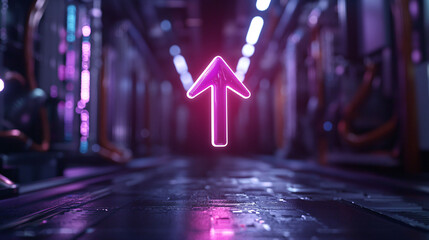 Poster - glowing upward arrow in futuristic corridor creates sense of direction and innovation. vibrant neon colors enhance modern atmosphere, inviting exploration