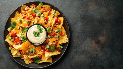 Poster - A vibrant plate of Mexican nachos features crispy corn chips topped with rich cheese sauce, diced vegetables, and fresh herbs. Generative AI
