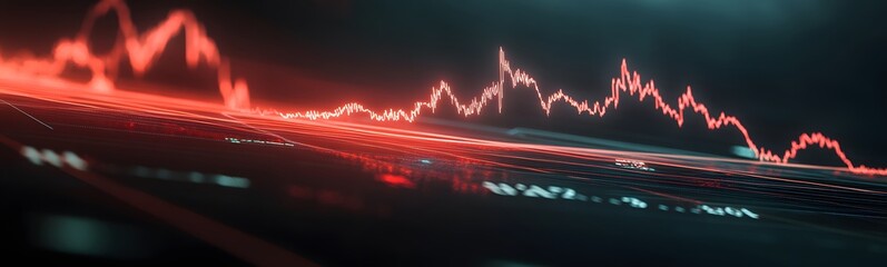 Poster - A digital representation of fluctuating data, featuring a vibrant red line and illuminated dots against a dark background, evoking a sense of analysis and technology.