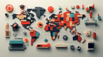 Poster - Detailed digital showcasing the global logistics optimization system with a world map displaying intricate supply chain networks and container terminals managing export import processes in a