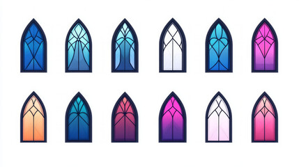 Sticker - Set of twelve colorful stained glass windows with a white background.