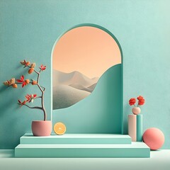 Wall Mural - Minimalist 3D product showcase in an empty room with pastel teal walls featuring a geometric podium that reflects the soft window light creating a diffused natural illumination for the mockup display