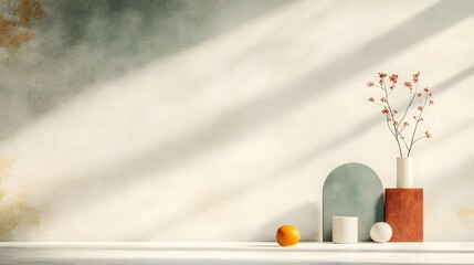 Fototapete - Minimalist 3D product display featuring a clean concrete floor and walls geometric product stand dramatic window shadows and a bright sunlit workspace  High contrast photography in a Bauhaus inspired
