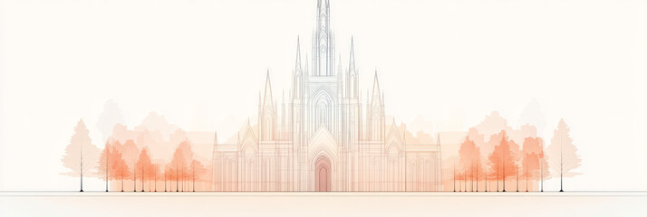 A watercolor illustration of a grand cathedral with trees.