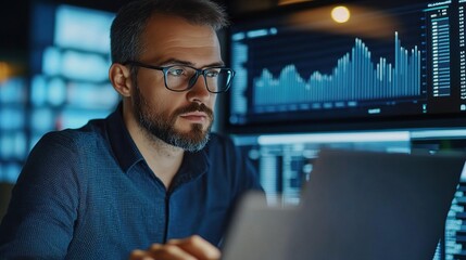 Poster - focused professional working on laptop in modern office