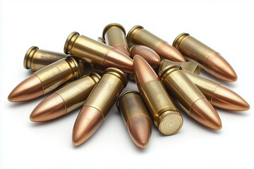 Pile weapon bullets isolated on the white background.