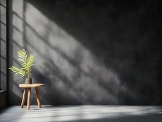 Fototapete - Minimalist monochromatic 3D studio interior with plain black walls and grey floor  Isolated product display podium under dramatic shadow cast from window lighting