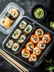 Poster - Sushi of several types is elegantly arranged on trays, making it an enticing choice for catering at events and gatherings. Generative AI