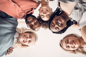 Poster - Business people, portrait and circle in office with low angle, teamwork and diversity with hug for synergy. Women, man and group in scrum, huddle and connection with solidarity at creative agency
