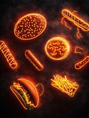 Poster - A vivid display of neon outlines showcasing various fast-food favorites like burgers, hot dogs, and fries on a dark background. Generative AI