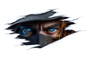 Aufkleber - Black hat hacking, illustrated in a soft watercolor style, where the hacker and digital elements are shown with fluid strokes, blending into the digital background