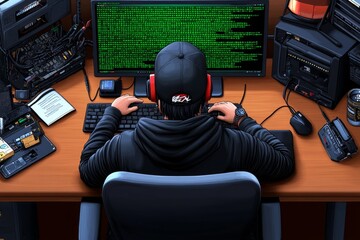 Poster - Black hat hacking, shown in pixel art style, with a hacker sitting at an old computer while green pixelated code flows across the screen