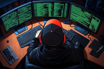 Aufkleber - Black hat hacking, visualized in a retro style, with old-school computer monitors and green digital text reminiscent of vintage hacking movies