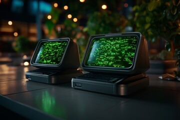 Aufkleber - Black hat hacking, visualized in a retro style, with old-school computer monitors and green digital text reminiscent of vintage hacking movies