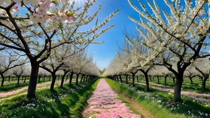 A beautiful orchard in springtime, with apple trees in full blossom, their pink and white flowers creating a sea of color under a bright blue sky