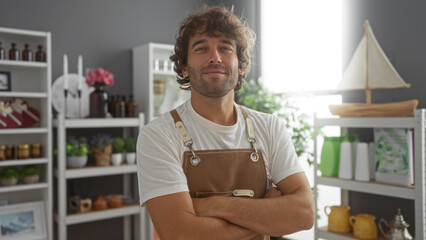 Young man with arms crossed in a beautifully decorated home decor store interior presenting a stylish and attractive setting.