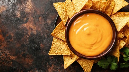 Poster - Golden corn chips encircle a bowl of creamy cheese sauce, creating a festive platter ideal for gatherings or casual meals. Generative AI
