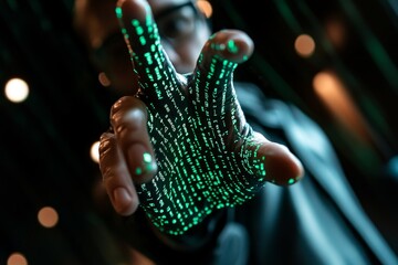 Poster - Hacker, bypassing encryption with a decryption program, with intense green code scrolling across multiple screens
