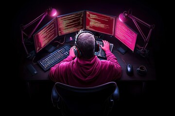 Poster - Hacker, depicted in a gothic style, accessing dark web data through ancient-looking computer terminals, with shadows and glowing screens