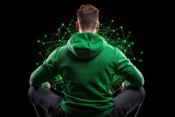 Aufkleber - Hacker, displayed in a minimalist, abstract design, sitting in front of a glowing screen with simple lines of green code