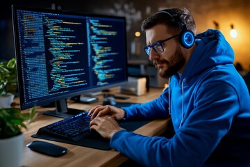 Aufkleber - Hacker, infiltrating a corporate mainframe, with swirling digital numbers and lines of code on dark screens