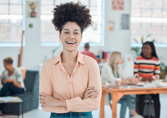 Wall Mural - Happy, crossed arms and portrait of woman in office for creative magazine intern at startup. Smile, pride and female journalism student with job shadowing at copywriting agency for career development