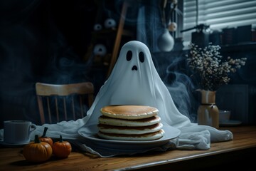 A creepy ghost bakes pancakes for Halloween. 