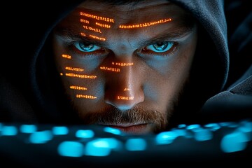 Fototapete - Hacker, wearing a black hoodie, accessing sensitive data through a computer screen, with lines of code reflected on their face