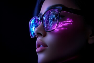 Aufkleber - Hacker, visualized in hyper-realistic style, with digital code reflected on glasses, showing the intricate details of the hacking environment