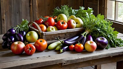 A still life of freshly picked fruits and vegetables arranged on a rustic wooden table, with bright, natural lighting highlighting the textures and colors of the produce