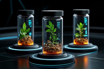 Poster - Herbal extracts, visualized in a futuristic lab with glowing bottles of herbal tinctures, surrounded by digital charts showing their health benefits