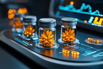 Poster - Herbal extracts, visualized in a futuristic lab with glowing bottles of herbal tinctures, surrounded by digital charts showing their health benefits