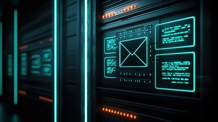 Futuristic data center with glowing interfaces and advanced technology elements.