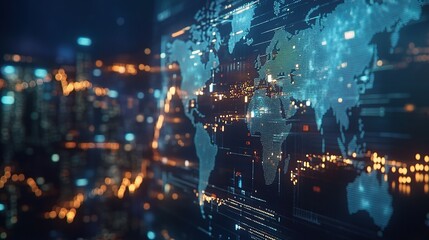Poster - Digital World Map with Data Connections and Lights