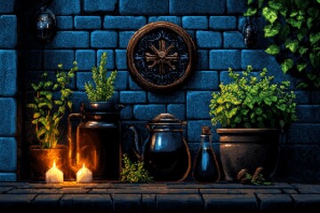 Poster - Herbal nutrition, visualized in pixel art style, showing pixelated herbs like mint, parsley, and chamomile being turned into potions and teas in a retro game world