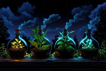 Poster - Herbal nutrition, visualized in pixel art style, showing pixelated herbs like mint, parsley, and chamomile being turned into potions and teas in a retro game world