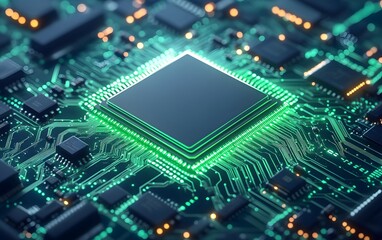 Poster - A close-up of a microprocessor on a circuit board, highlighting intricate connections and glowing elements.