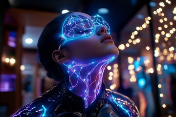 Poster - Lymphatic system, visualized as a glowing holographic display, with neon lymph nodes and lymphatic vessels in a futuristic setting