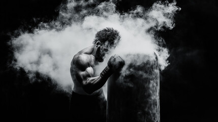 a muscular boxer leans into a punching bag, surrounded by clouds of dust or smoke. the black-and-whi