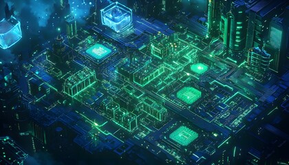 Aufkleber - A vibrant, futuristic cityscape illuminated by neon lights, showcasing intricate digital structures in a dark, atmospheric environment.