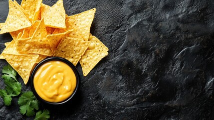 Poster - Warm corn chips are paired with creamy cheese sauce, perfect for sharing in a festive gathering or casual snack time. Generative AI