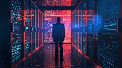 Aufkleber - The person stands alone in a high-tech environment, surrounded by luminous screens displaying data. The vivid red and blue lights create a dynamic atmosphere of innovation and technology.