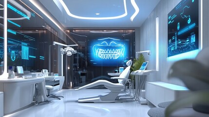 Poster - A futuristic dental clinic featuring a 3D holographic display of tooth anatomy, illustrating modern technology in oral healthcare