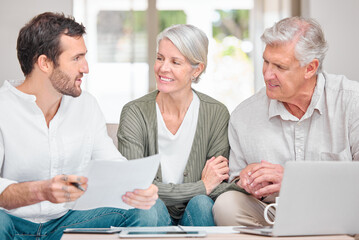 Wall Mural - Financial advisor, laptop and old couple with documents, house and conversation in lounge. Consultant, senior man and elderly woman with pc, paperwork and planning for future, budget and retirement