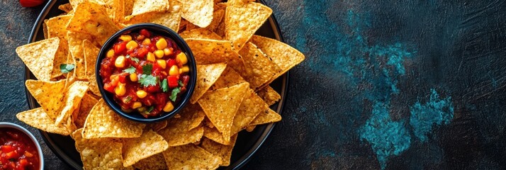 Poster - Tasty corn chips are generously covered in rich cheese sauce, ideal for enjoying during parties or casual meals with friends. Generative AI